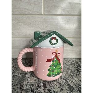 Starbucks 2025 HOLIDAY Pink Gingerbread Bear House ceramic mug, lid, Sealed, NEW